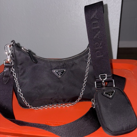 Prada Black Nylon Shoulder Bag with Chain - Picture 1 of 8